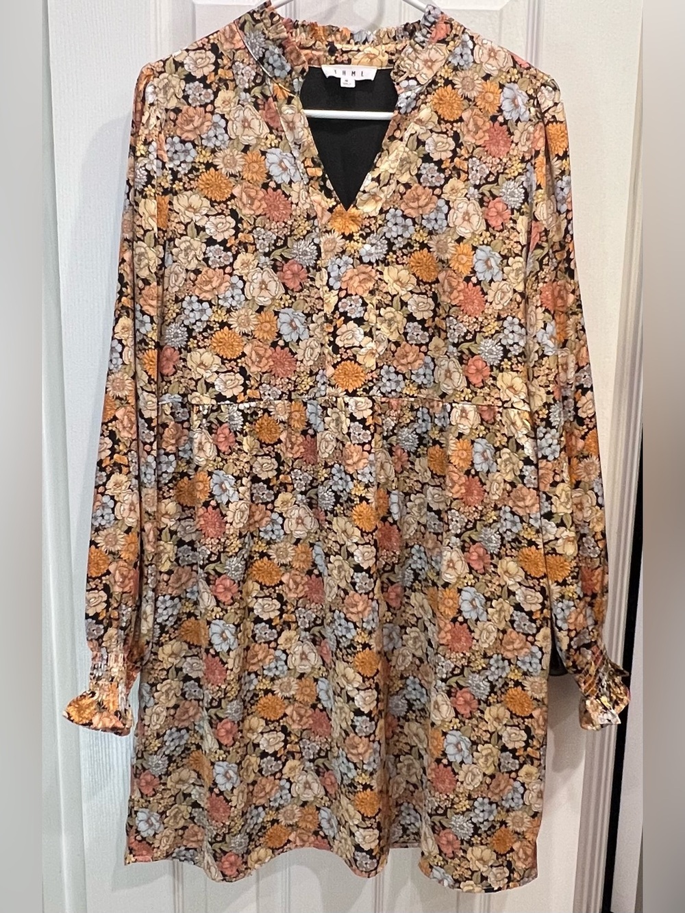 THML Floral V-Neck Long Sleeve Dress- Black, Mustard, Blush